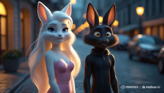 Contrasting Emotions of Rabbits on a Charming Street – AI Generated Video | Hailuo AI