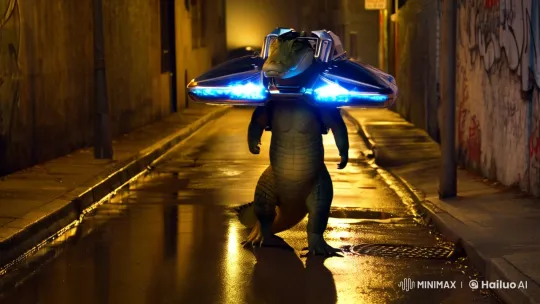 Alligator with Jet Pack Strides Through Urban Alley – AI Generated Video | Hailuo AI