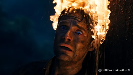 Man's Face Engulfed by Flames Amidst Cinematic Drama – AI Generated Video | Hailuo AI