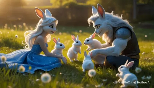 Family of Anthropomorphic Rabbits Enjoying a Sunny Meadow – AI Generated Video | Hailuo AI