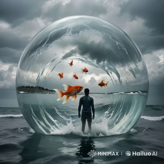 Man in a Transparent Sphere Amidst Stormy Ocean – AI Generated Video | Hailuo AI