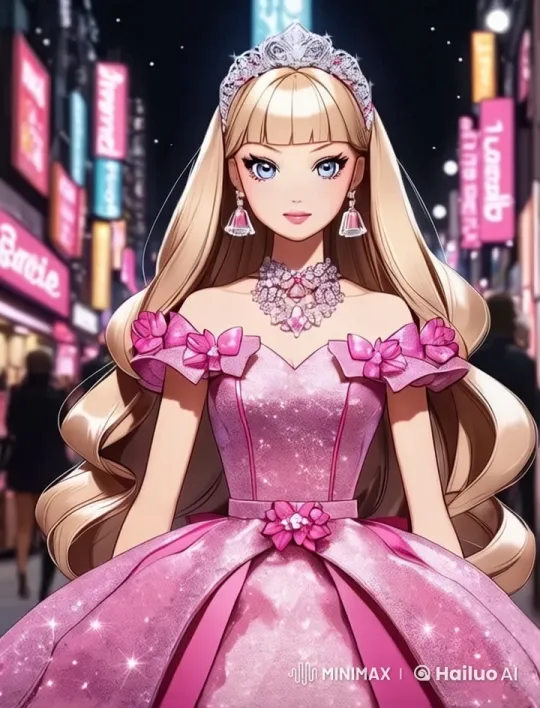 Barbie Sparkles in Glittering Gown on Vibrant Night Street – AI Generated Video | Hailuo AI