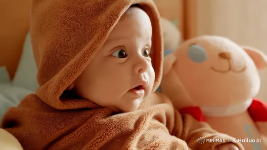 Curious Baby in Cozy Golden Room with Toys – AI Generated Video | Hailuo AI
