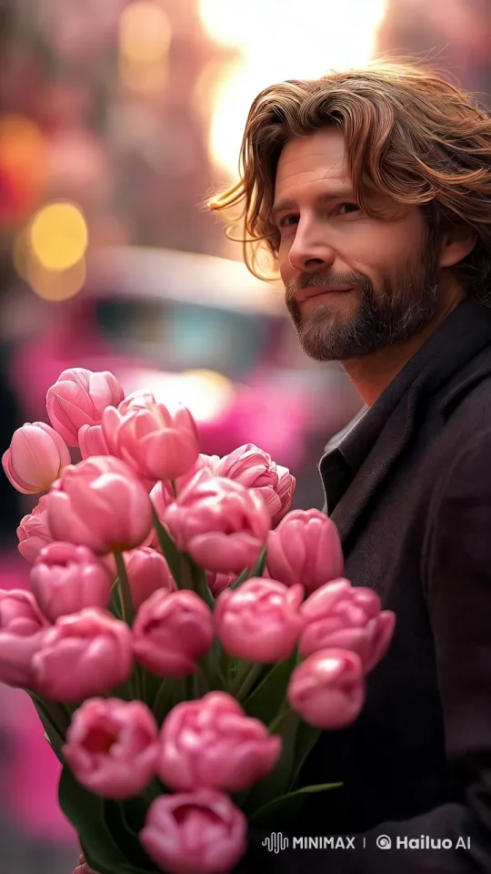 Man Presents Pink Tulips in Aesthetic Blur Background – AI Generated Video | Hailuo AI
