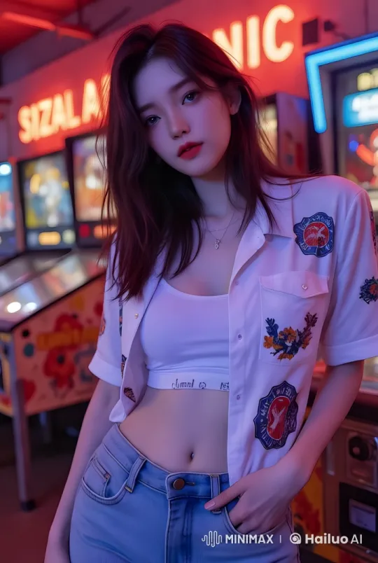 Vibrant Arcade: Woman's Sexy Hip Twist Dance – AI Generated Video | Hailuo AI