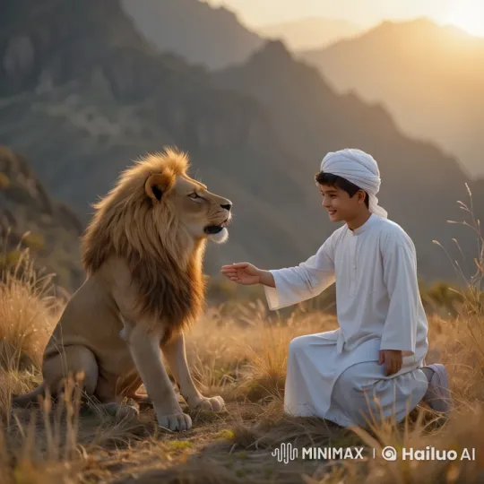Brave Boy Calms Roaring Lion at Sunset – AI Generated Video | Hailuo AI