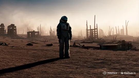 Astronaut Confronts Ruins in Aesthetic Post-Apocalyptic Landscape – AI Generated Video | Hailuo AI
