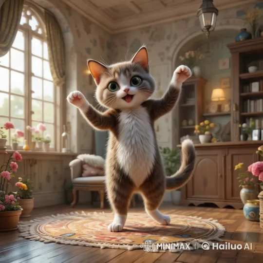 Cat Dancing Joyfully in Cozy Home Setting – AI Generated Video | Hailuo AI