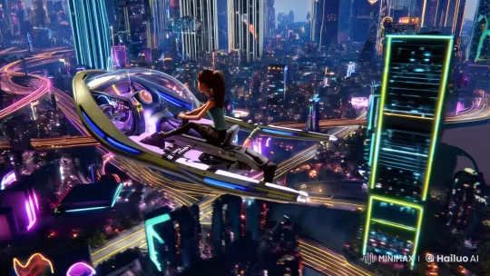 Cyberpunk Cityscape: Girl on a Futuristic Flymachine – AI Generated Video | Hailuo AI