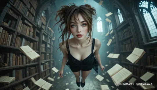 Enchanted Librarian Levitates Playfully in Magical Library – AI Generated Video | Hailuo AI