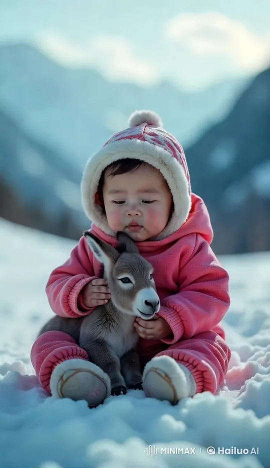 Child and Baby Goat Bond in Snowy Mountains – AI Generated Video | Hailuo AI