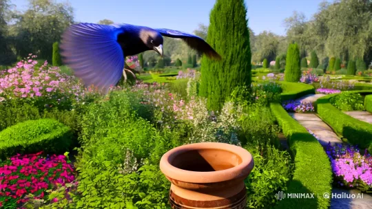 Lone Crow Quenches Thirst in Serene Garden Panorama – AI Generated Video | Hailuo AI