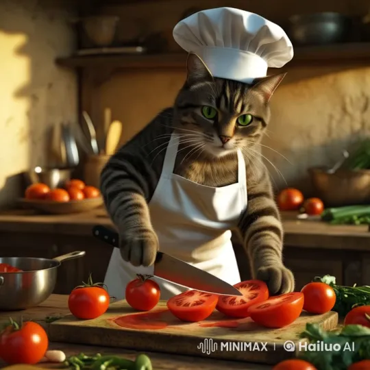 Tabby Cat Chef Slices Tomatoes in Sunlit Kitchen – AI Generated Video | Hailuo AI