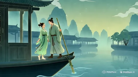 Young Couple Embraces on Boat Amidst Jiangnan Water Town's Serenity – AI Generated Video | Hailuo AI