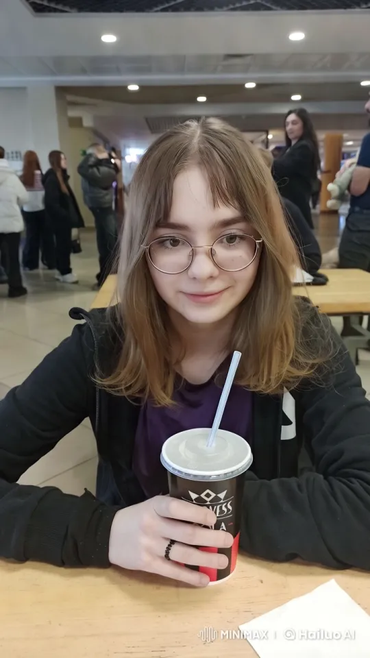 Girl with Glasses in Bustling Indoor Scene – AI Generated Video | Hailuo AI