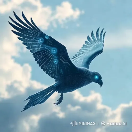 Cybernetic Bird in Futuristic Flight Over Clouds – AI Generated Video | Hailuo AI