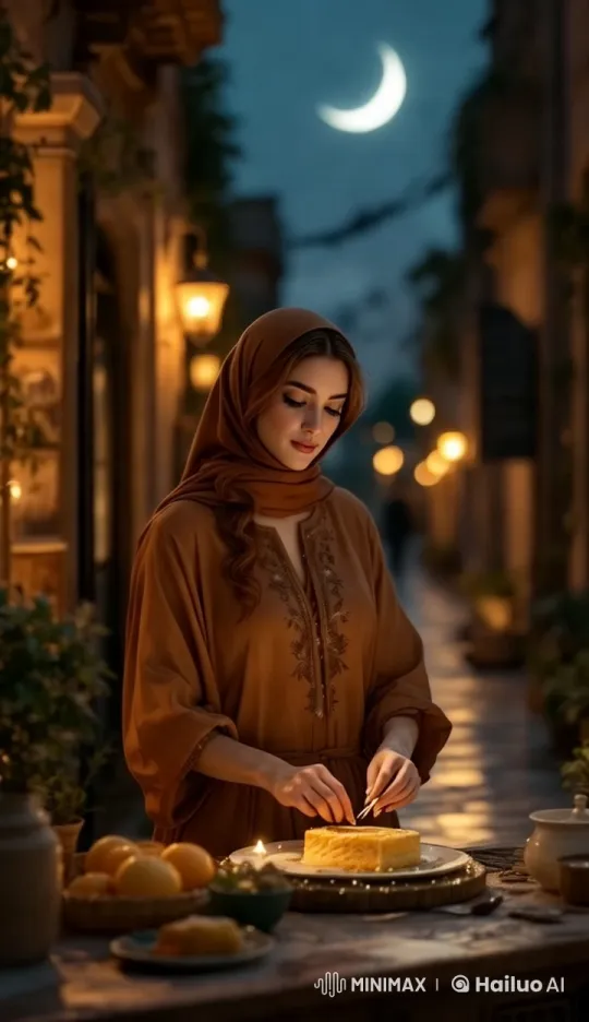 Ramadan Scene: Elegant Girl Decorates Dessert, Dances Joyfully – AI Generated Video | Hailuo AI