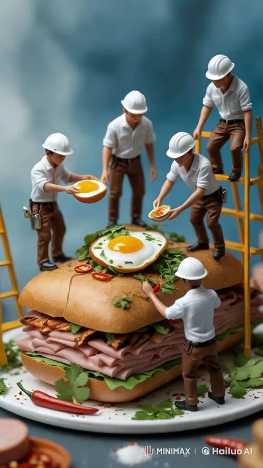 Miniature Workers Craft Giant Aesthetic Sandwich – AI Generated Video | Hailuo AI