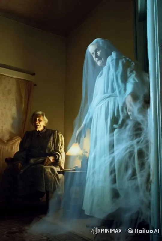 Elderly Person in Dim Room Confronted by Ghostly Figure – AI Generated Video | Hailuo AI