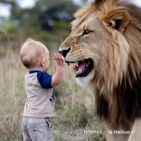 Boy and Lion Share Intimate Moment in Field – AI Generated Video | Hailuo AI