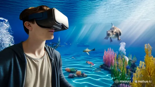 Young Man Explores Prehistoric Ocean in VR – AI Generated Video | Hailuo AI