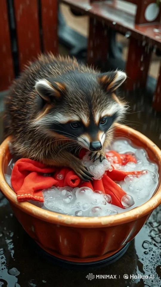 Raccoon Delicately Washing Clothes in Stunning 4K Detail – AI Generated Video | Hailuo AI