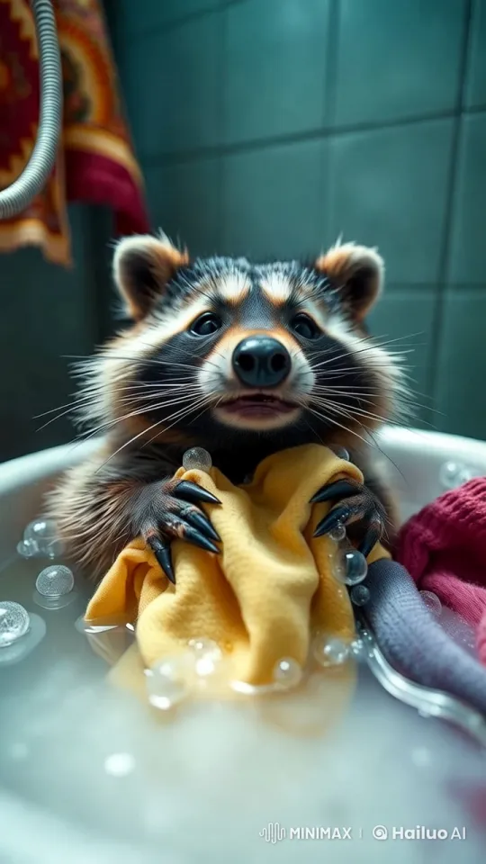 Raccoon Washing Cloth in Stunning 4K Detail – AI Generated Video | Hailuo AI