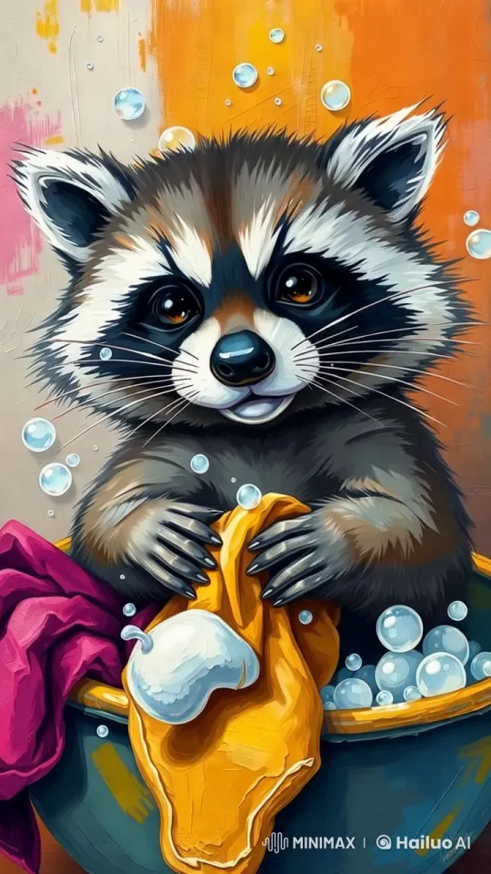 Raccoon Washing Clothes in Slow Motion Artistry – AI Generated Video | Hailuo AI