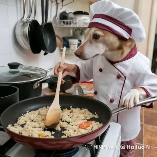 Dog Chef Preparing Fried Rice in Cozy Kitchen – AI Generated Video | Hailuo AI