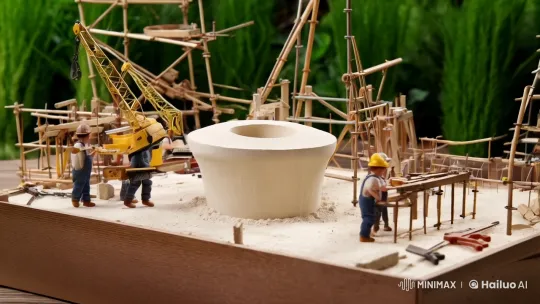 Miniature Construction Site: Artisans Building a Planter – AI Generated Video | Hailuo AI