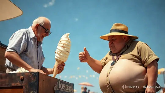 Grandpa Gives Enormous Ice Cream to Hat-Wearing Man – AI Generated Video | Hailuo AI