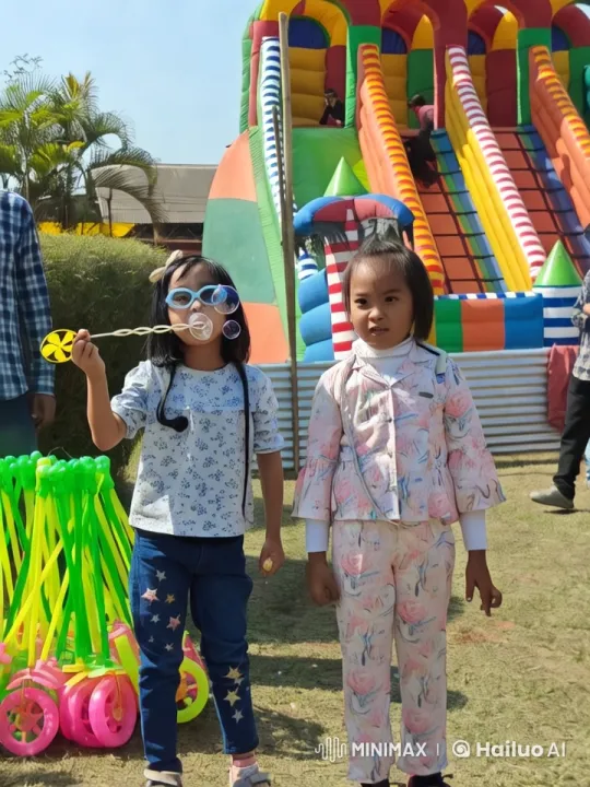 Vibrant Funfair: Girls at Inflatable Slide – AI Generated Video | Hailuo AI