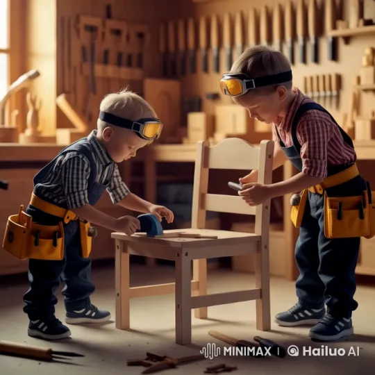 Boys Craft Wooden Chair in Organized Workshop – AI Generated Video | Hailuo AI