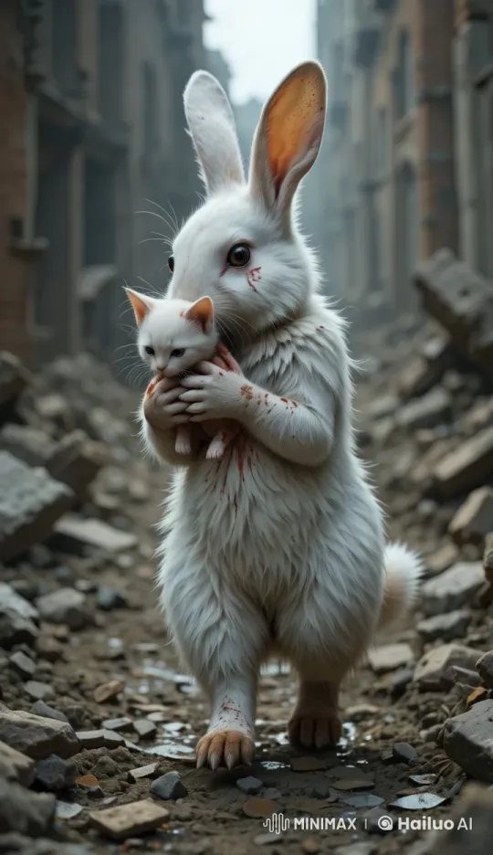 Resilient Rabbit Comforts Injured Kitten Amidst Ruins – AI Generated Video | Hailuo AI