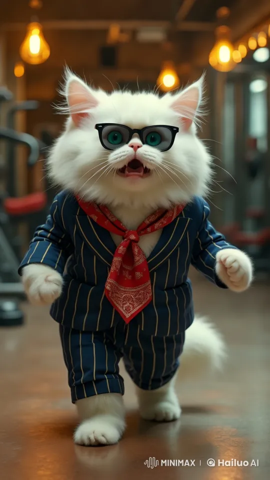 Persian Cat Struts confidently through the old-fashioned gym, then slips and pretends nothing happened – AI Generated Video | Hailuo AI