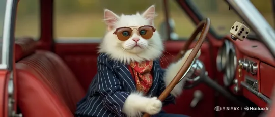 White Cat in Suit Drives Vintage Car with Elegance – AI Generated Video | Hailuo AI