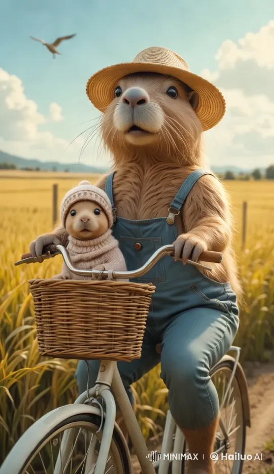 Mother Capybara Joyfully Rides Vintage Bicycle – AI Generated Video | Hailuo AI