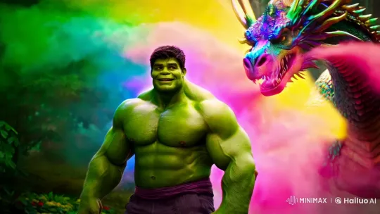 Majestic Dragon and Serene Hulk in Colorful Holi-Inspired Scene – AI Generated Video | Hailuo AI