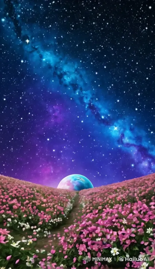 Starry Night: Cosmic Path Through Flowery Fields – AI Generated Video | Hailuo AI