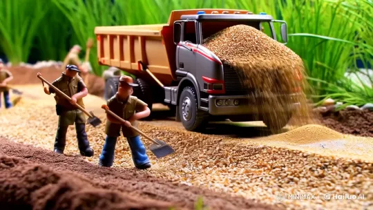 Miniature Dump Truck Spreads Gravel in Detailed Scene – AI Generated Video | Hailuo AI