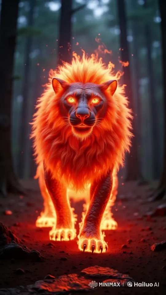 Fiery Lion Marches Through Enchanted Forest – AI Generated Video | Hailuo AI