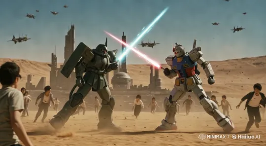 Epic Mech Duel in Futuristic Desert Cityscape – AI Generated Video | Hailuo AI