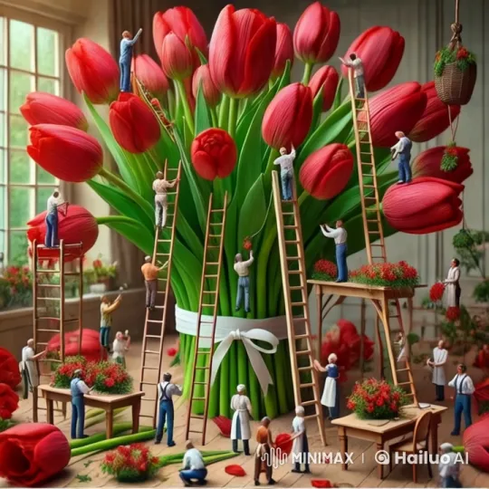 Tiny People Tend to Towering Tulips in Vibrant Garden – AI Generated Video | Hailuo AI
