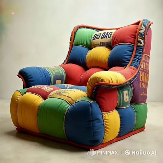 Man Sits on Colorful Patchwork Armchair in Minimalist Setting – AI Generated Video | Hailuo AI