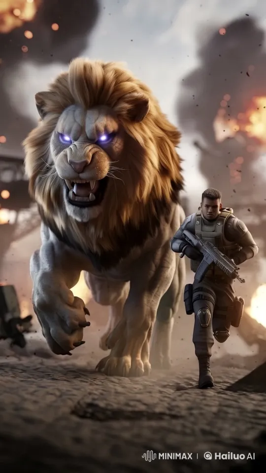 Fierce Lion and Soldier Charge Through Chaotic Battlefield – AI Generated Video | Hailuo AI
