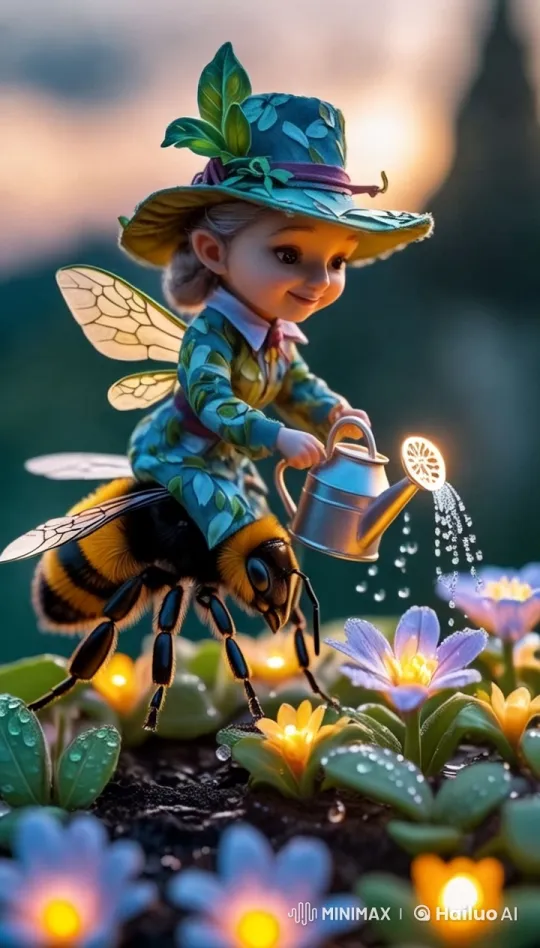 Magical Figure Tends to Enchanted Flowers with Fairy Bee – AI Generated Video | Hailuo AI