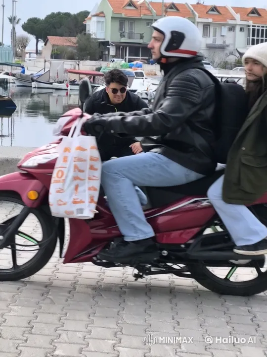 Man Jumps Onto Moving Motorbike, Celebrates at Harbor – AI Generated Video | Hailuo AI