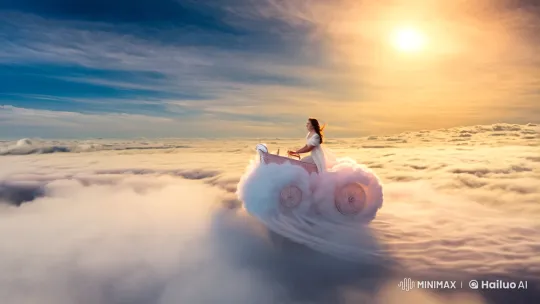 Young Woman Glides on Cloud Carriage in Enchanting Sky – AI Generated Video | Hailuo AI