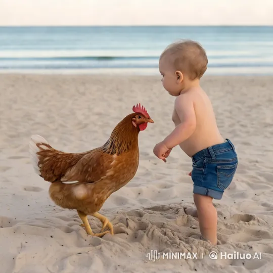 Boy and Chicken Engage in Intense Beach Fight – AI Generated Video | Hailuo AI