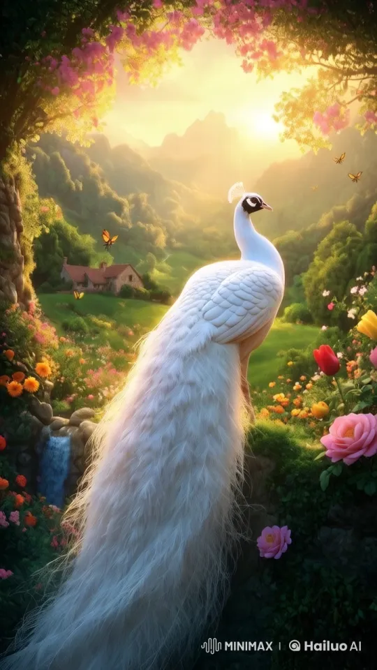 Peacock Showcases Grace in Enchanting Garden at Sunset – AI Generated Video | Hailuo AI